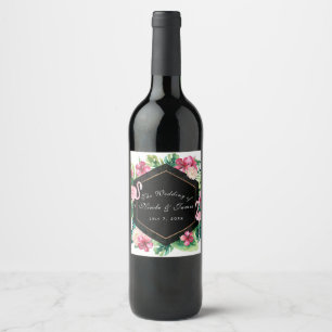 Tropical Leaves Hibiscus Flamingo Wedding Wine Label