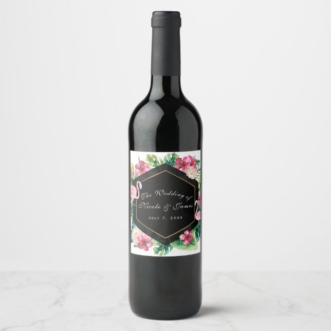 Tropical Leaves Hibiscus Flamingo Wedding Wine Label (Front)