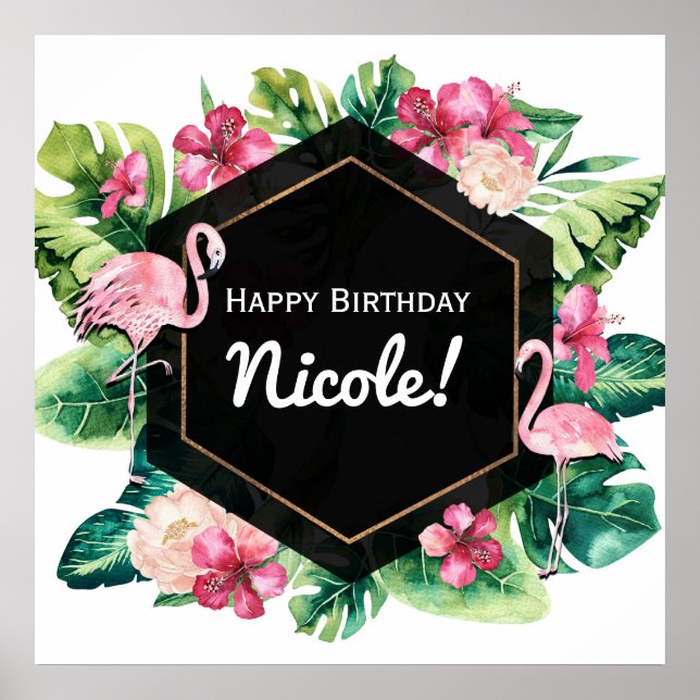 Tropical Leaves Hibiscus Flamingos Banner Poster (Front)