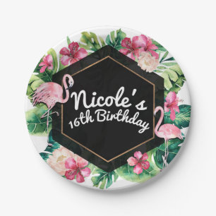 Tropical Leaves Hibiscus Flamingos Elegant Party Paper Plate