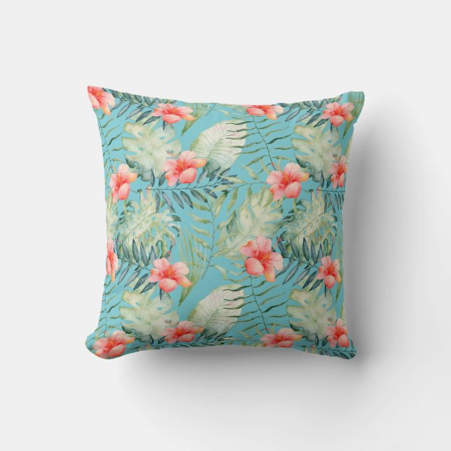 Tropical Leaves Hibiscus Floral Aqua Watercolor Throw Pillow (Front)