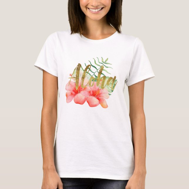Tropical Leaves Hibiscus Floral Watercolor Aloha T-Shirt (Front)