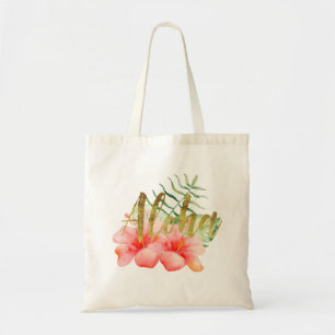 Tropical Leaves Hibiscus Floral Watercolor Aloha Tote Bag