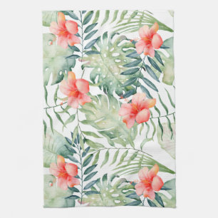 Tropical Leaves Hibiscus Floral Watercolor Kitchen Towel
