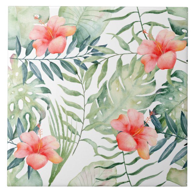 Tropical Leaves Hibiscus Floral Watercolor Tile (Front)