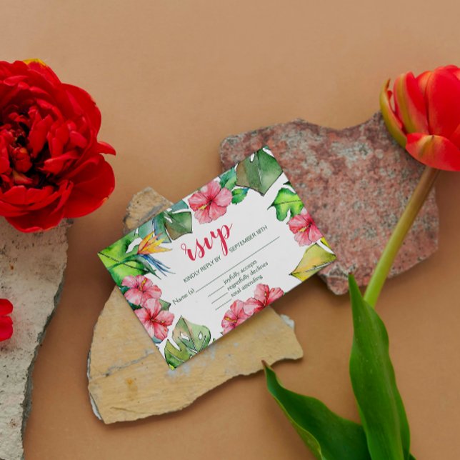 Tropical Leaves Hibiscus Hawaiian Luau RSVP Card (Creator Uploaded)