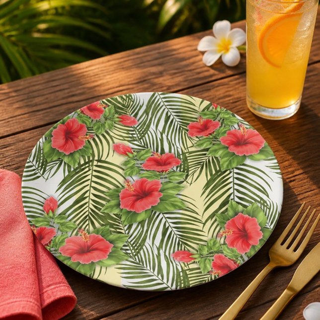 Tropical Leaves & Hibiscus Round Paper Plates (Creator Uploaded)