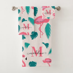 Tropical Leaves Hot Pink Flamingo Modern Monogram Bath Towel Set