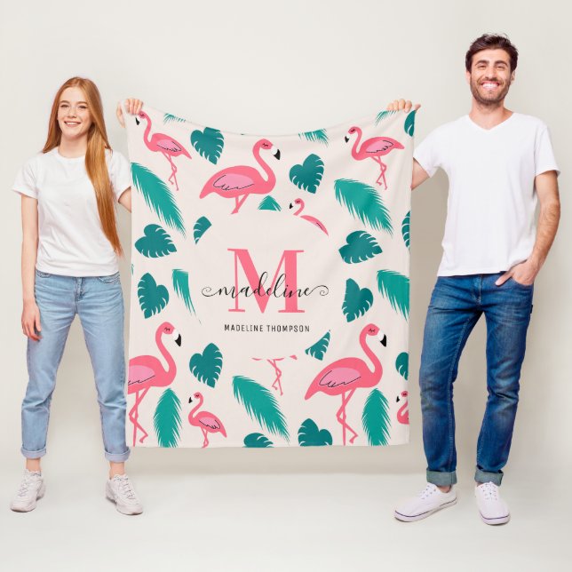 Tropical Leaves Hot Pink Flamingo Modern Monogram Fleece Blanket (In Situ)