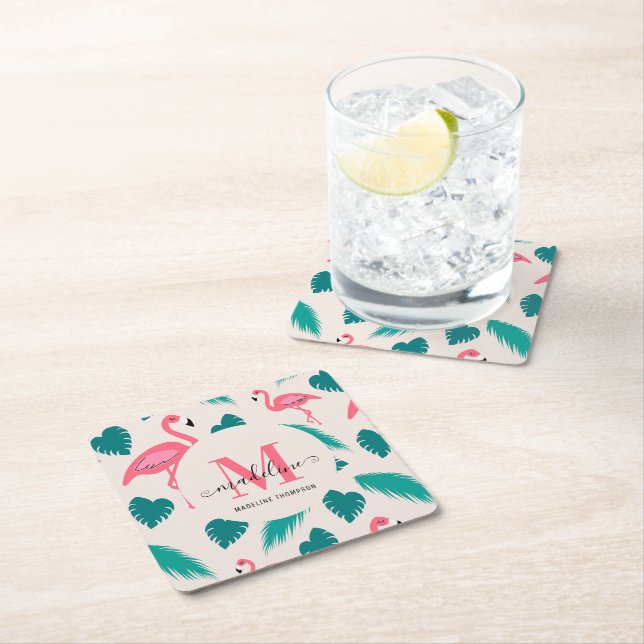Tropical Leaves Hot Pink Flamingo Modern Monogram Square Paper Coaster (Insitu)