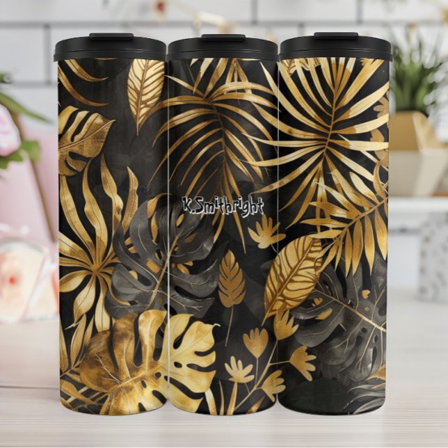 Tropical Leaves in Black and Gold Thermal Tumbler (Creator Uploaded)
