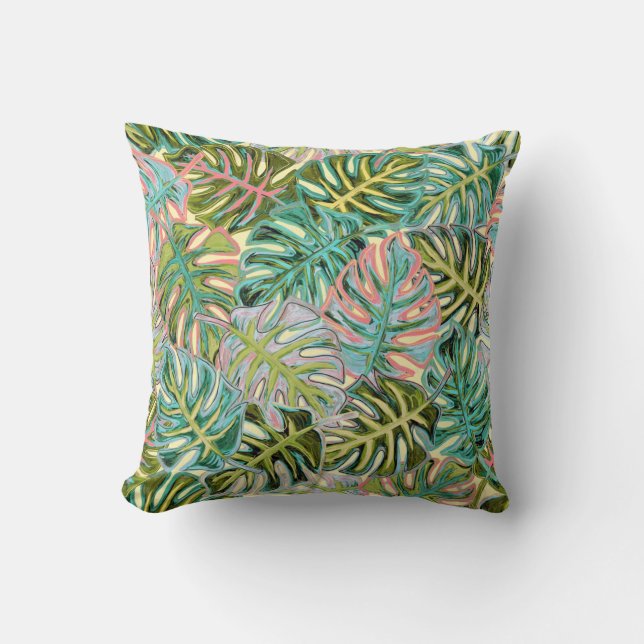 Tropical Leaves in Pretty Pastels Throw Pillow (Front)