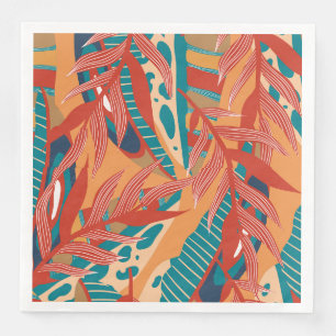Tropical Leaves in Teal, Red, Orange Napkin
