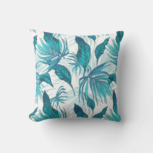 Tropical Leaves in Teal Throw Pillow (Front)