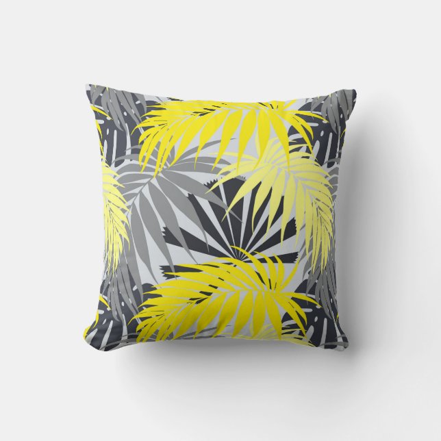 Tropical Leaves in Yellow and Gray Throw Pillow (Front)