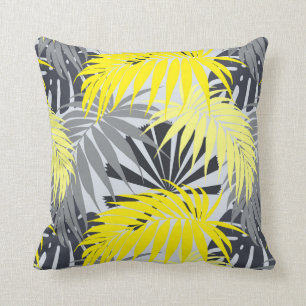 Tropical Leaves in Yellow and Grey Throw Pillow