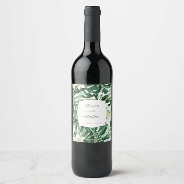 Tropical Leaves Jungle Foliage Wedding Shower Wine Label (Front)