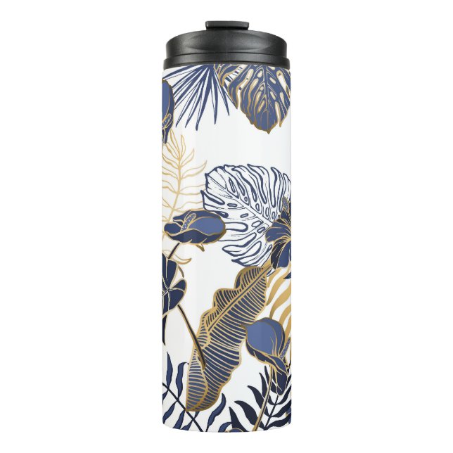 Tropical leaves, jungle seamless background. thermal tumbler (Front)