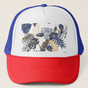 Tropical leaves, jungle seamless background. trucker hat