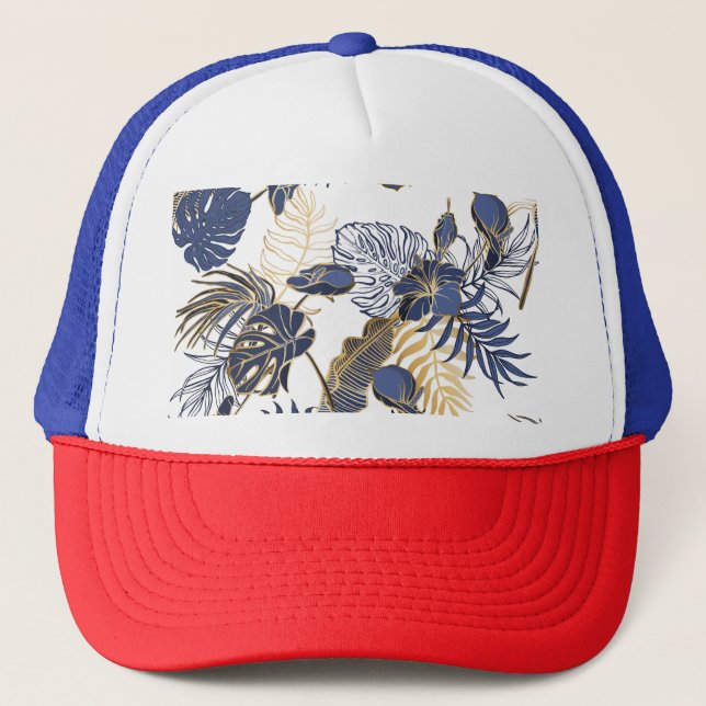 Tropical leaves, jungle seamless background. trucker hat (Front)