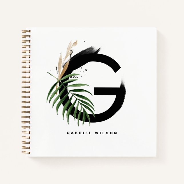 Tropical Leaves Letter G Monogram Personalized Notebook (Front)