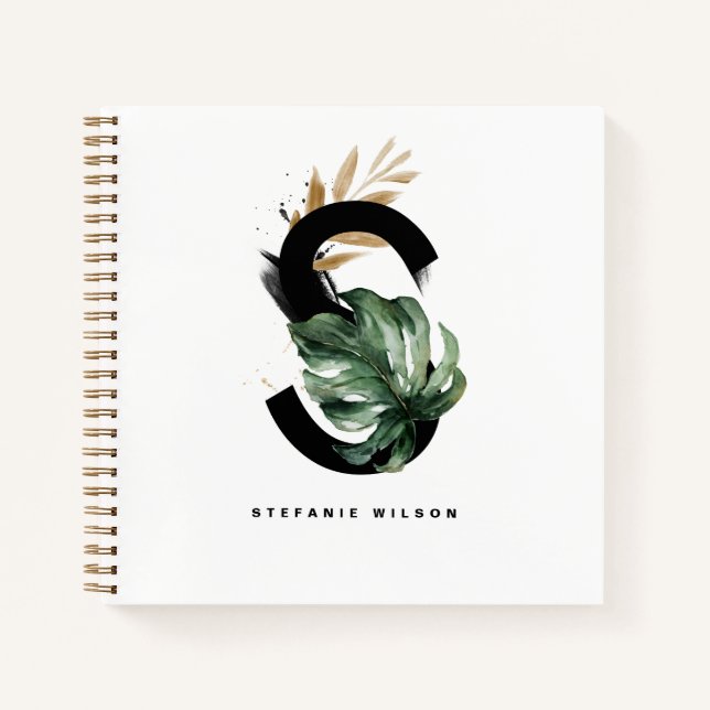 Tropical Leaves Letter S Monogram Personalized Notebook (Front)