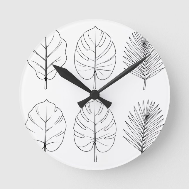 Tropical Leaves Line Art Pattern Round Clock (Front)