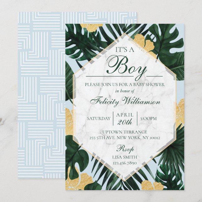 Tropical Leaves Marble Blue Baby Shower Invitation (Front/Back)