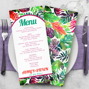 Tropical leaves maximalist wedding menu card