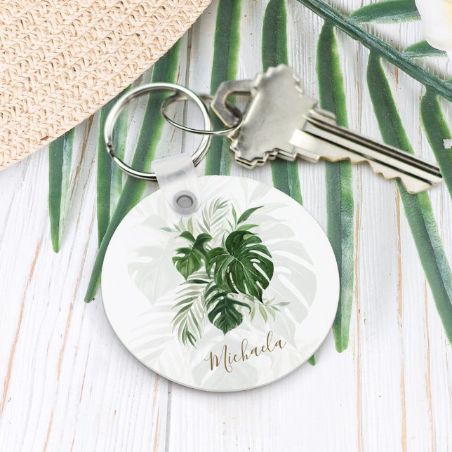 Tropical Leaves Modern Elegant Script Personalized Keychain (Creator Uploaded)