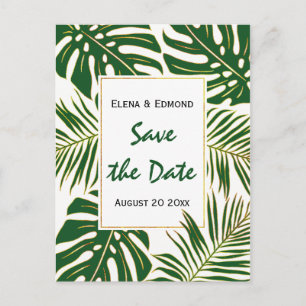 Tropical leaves modern green wedding Save the Date Announcement Postcard
