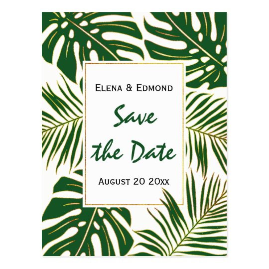 Tropical leaves modern green wedding Save the Date Postcard