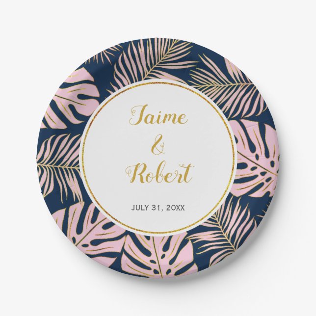 Tropical leaves modern pink, gold navy wedding paper plate (Front)