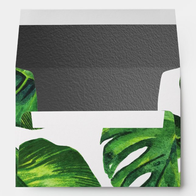 Tropical Leaves Modern Typography | Silver Wedding Envelopes (Back (Bottom))