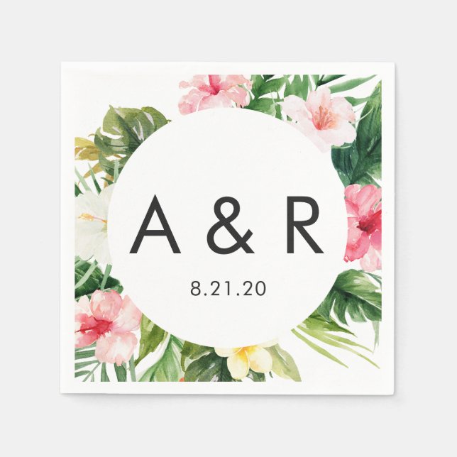 Tropical Leaves Monogram Hawaiian Wedding Napkin (Front)