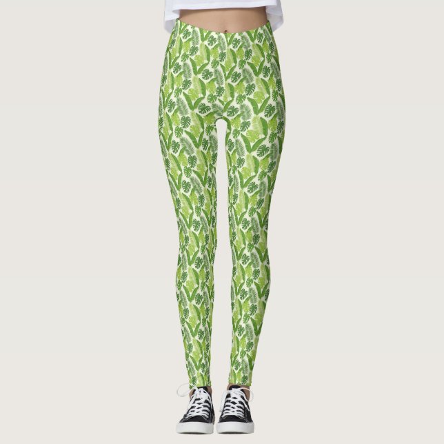 Tropical Leaves & Monstera Seamless Pattern Leggings (Front)