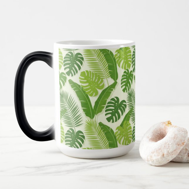 Tropical Leaves & Monstera Seamless Pattern Magic Mug (With Donut)