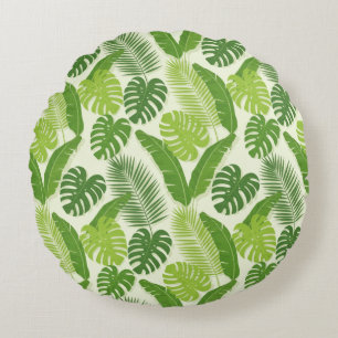 Tropical Leaves & Monstera Seamless Pattern Round Pillow