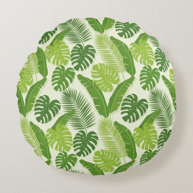 Tropical Leaves & Monstera Seamless Pattern Round Pillow (Front)