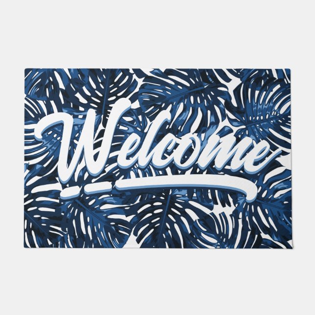 Tropical Leaves  Navy Blue White Script Welcome Doormat (Front)