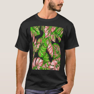 Tropical Leaves Of Banana and Monstera Pink Green  T-Shirt