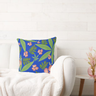 Tropical Leaves on Blue Throw Pillow