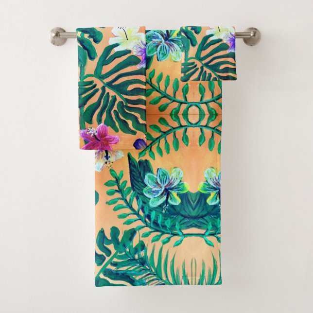 tropical leaves on orange bath towel set (Insitu)