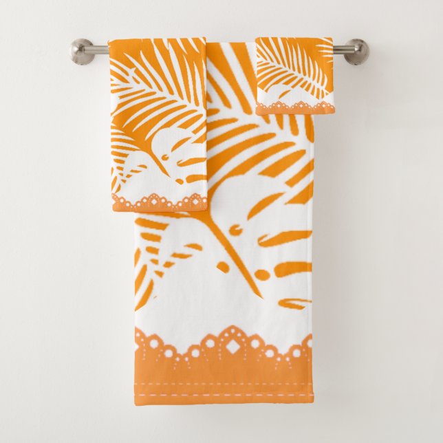 Tropical Leaves Orange Backed in White Fancy Trim Bath Towel Set (Insitu)