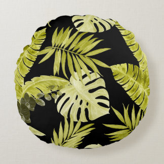 Tropical leaves, orchids, watercolor pattern. round pillow