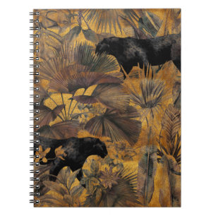Tropical leaves, panther and orchid. Seamless vint Notebook