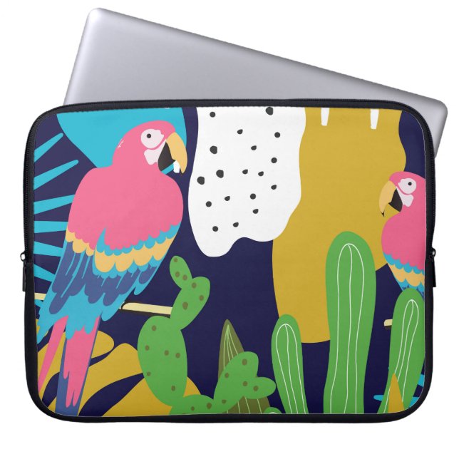Tropical leaves, parrots: summer background. laptop sleeve (Front)