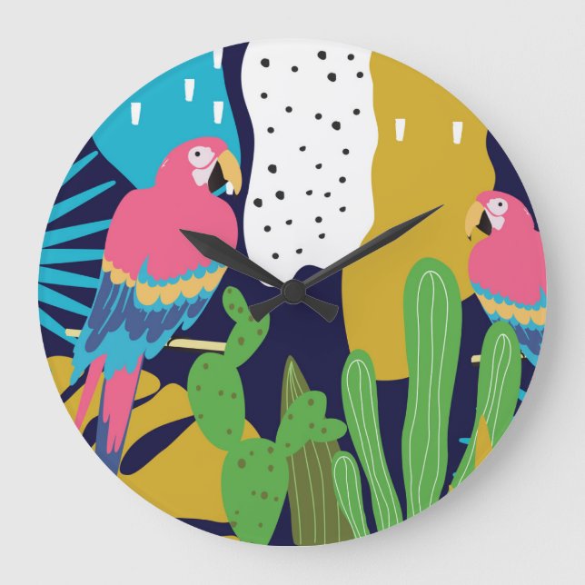 Tropical leaves, parrots: summer background. large clock (Front)