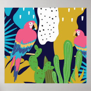 Tropical leaves, parrots: summer background. poster