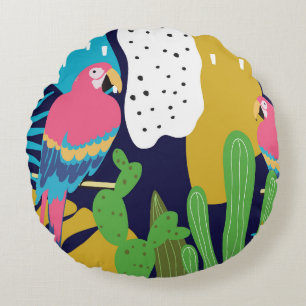 Tropical leaves, parrots: summer background. round pillow